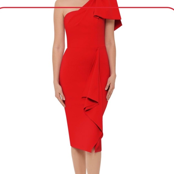 BETSY & ADAM "MELANIE" RED ONE SHOULDER FRONT RUFFLE DRESS SIZE 4 $219 - Picture 4 of 4